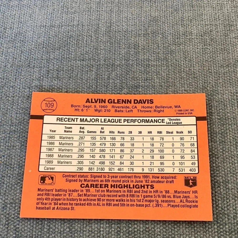 1990 Donruss Seattle Mariners Baseball Card Trading Card